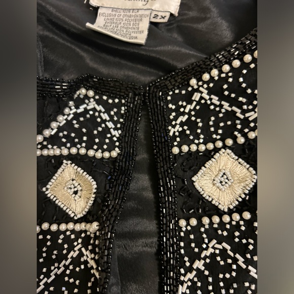 Beaded Blazer Crew Neck w Shoulder Pads Formal Black White Womens Size 2X Papel - Picture 7 of 11